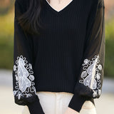 Exquisite V-Neck Embroidered Long Sleeve Knit Top