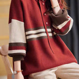 Color-Block Striped Drawstring Hooded Knit Top