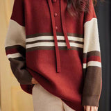 Color-Block Striped Drawstring Hooded Knit Top