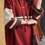Color-Block Striped Drawstring Hooded Knit Top