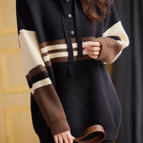 Color-Block Striped Drawstring Hooded Knit Top