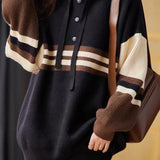 Color-Block Striped Drawstring Hooded Knit Top