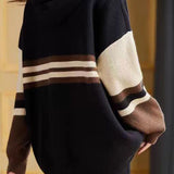Color-Block Striped Drawstring Hooded Knit Top