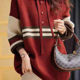 Color-Block Striped Drawstring Hooded Knit Top