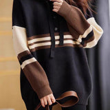 Color-Block Striped Drawstring Hooded Knit Top