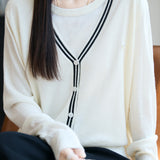 V-Neck Cardigan with Round Neck Knit Faux Layered Sweater