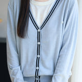 V-Neck Cardigan with Round Neck Knit Faux Layered Sweater