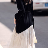 Elegant Color-Block Pearl Tie Velvet Dress