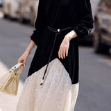 Elegant Color-Block Pearl Tie Velvet Dress
