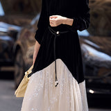 Elegant Color-Block Pearl Tie Velvet Dress