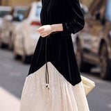 Elegant Color-Block Pearl Tie Velvet Dress