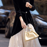 Elegant Color-Block Pearl Tie Velvet Dress