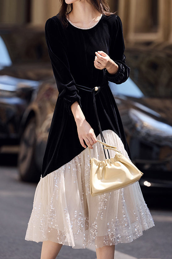 Elegant Color-Block Pearl Tie Velvet Dress Elegant Color-Block Pearl Tie Velvet Dress