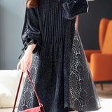 Elegant Pleated Printed Patchwork Lurex A-Line Dress