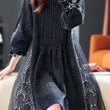 Elegant Pleated Printed Patchwork Lurex A-Line Dress