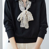 Elegant Lace Ribbon Long-Sleeve Knitted Top