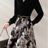 Elegant Velvet-Paneled Jacquard A-Line Dress