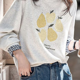 Casual Fruit Print & Plaid Paneled Pullover Hoodie