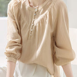 Temperament Retro Crew Neck Single-Breasted Long-Sleeve Shirt