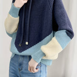 Casual Minimalist Color-Block Hooded Knitted Sweatshirt