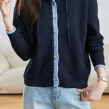 Casual Versatile Color-Block Knitted Hooded Cardigan
