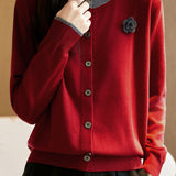 Casual Versatile Color-Block Crew Neck Pullover Knitted Cardigan