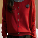Casual Versatile Color-Block Crew Neck Pullover Knitted Cardigan