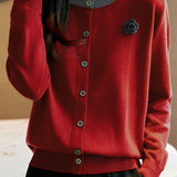 Casual Versatile Color-Block Crew Neck Pullover Knitted Cardigan