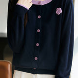 Casual Versatile Color-Block Crew Neck Pullover Knitted Cardigan