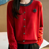 Casual Versatile Color-Block Crew Neck Pullover Knitted Cardigan