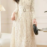 Elegant Exquisite Fitted-Waist Long-Sleeve Lace Dress