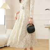 Elegant Exquisite Fitted-Waist Long-Sleeve Lace Dress