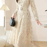 Elegant Exquisite Fitted-Waist Long-Sleeve Lace Dress