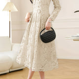 Elegant Exquisite Fitted-Waist Long-Sleeve Lace Dress