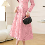 Elegant Exquisite Fitted-Waist Long-Sleeve Lace Dress