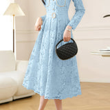 Elegant Exquisite Fitted-Waist Long-Sleeve Lace Dress