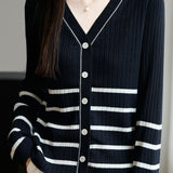 Casual Versatile Color-Block Striped V-Neck Knitted Cardigan