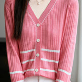 Casual Versatile Color-Block Striped V-Neck Knitted Cardigan