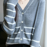Casual Versatile Color-Block Striped V-Neck Knitted Cardigan