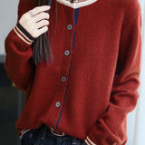 Casual Versatile Crew Neck Color-Block Loose Knitted Cardigan