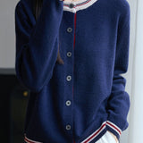 Casual Versatile Crew Neck Color-Block Loose Knitted Cardigan