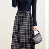 Elegant Retro Knitted Paneled Brushed Plaid Dress
