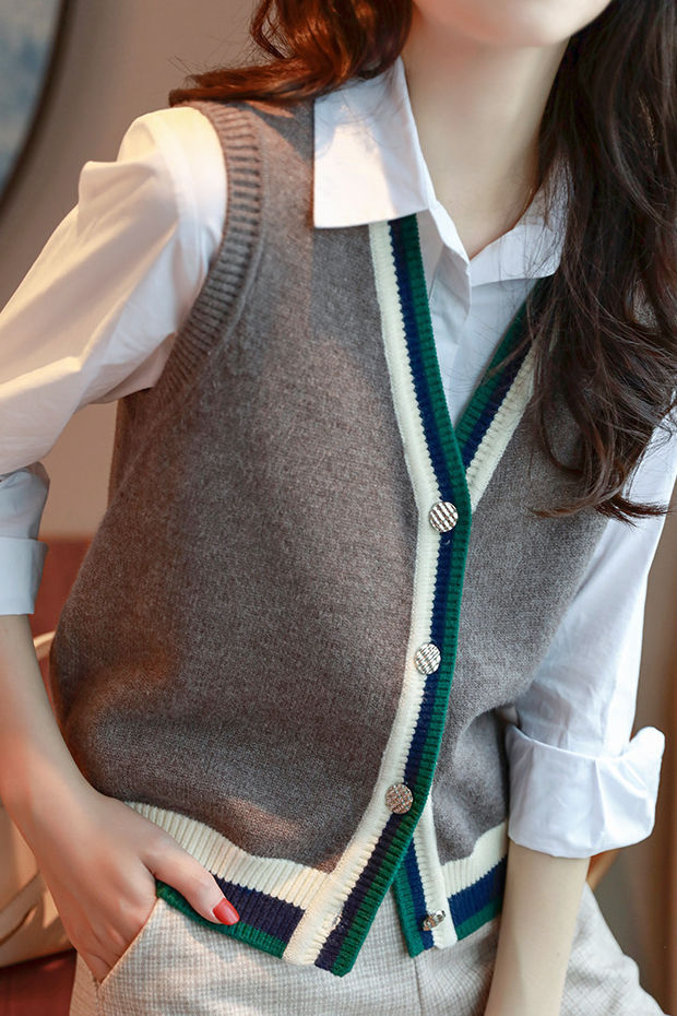 Casual Versatile Sleeveless Color-Block Knitted Cardigan Vest - liwisi