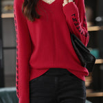 Casual Color-Block Letter V-Neck Pullover Sweater - liwisi