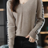 Casual Color-Block Letter V-Neck Pullover Sweater - liwisi
