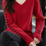 Casual Color-Block Letter V-Neck Pullover Sweater - liwisi