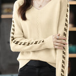 Casual Color-Block Letter V-Neck Pullover Sweater - liwisi