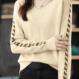 Casual Color-Block Letter V-Neck Pullover Sweater - liwisi