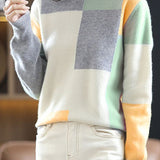 Casual Versatile Color-Block Patchwork Crew Neck Pullover Sweater - liwisi