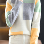 Casual Versatile Color-Block Patchwork Crew Neck Pullover Sweater - liwisi